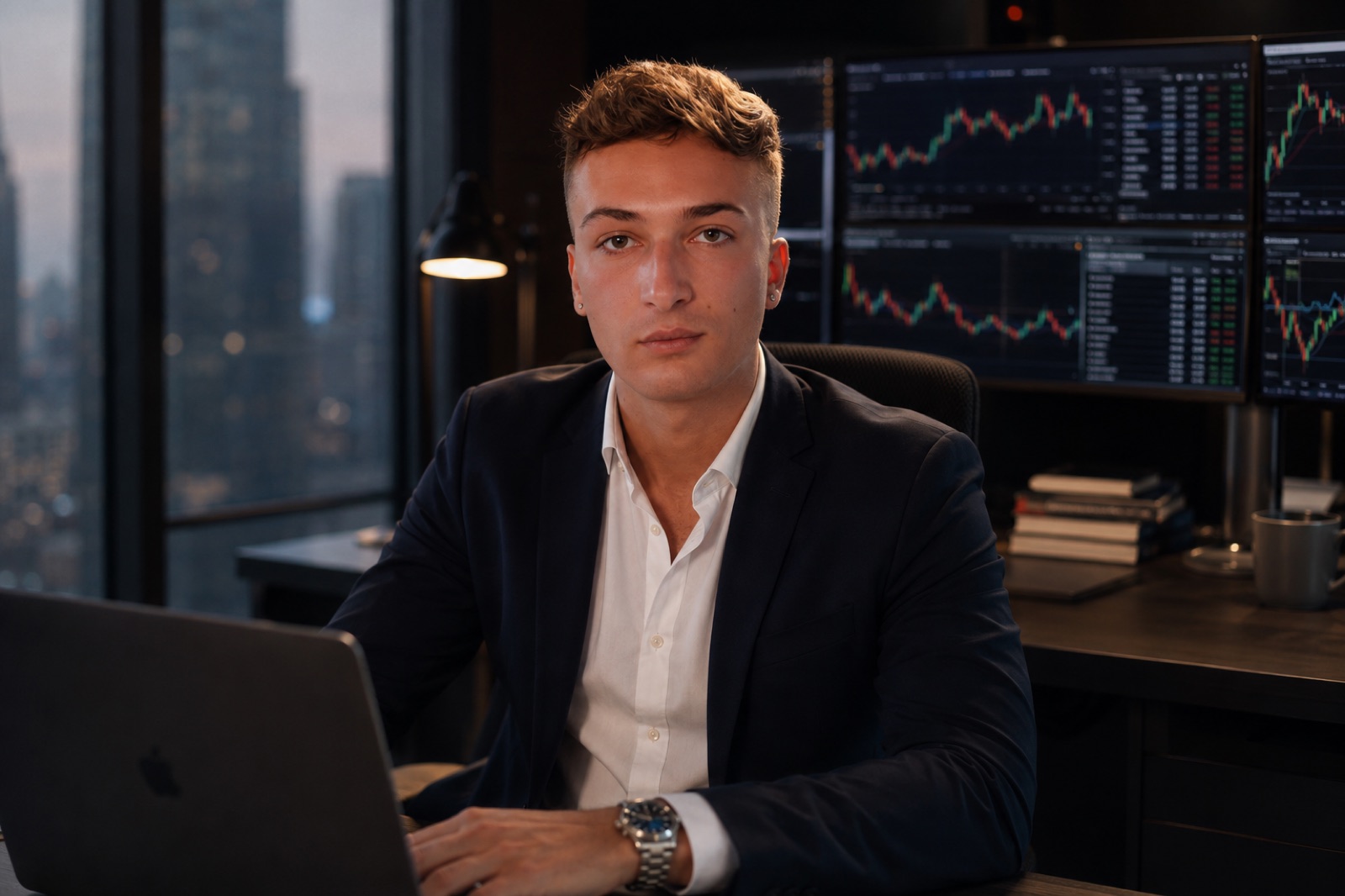 Fast, trader di Money Factory, alla sua postazione operativa